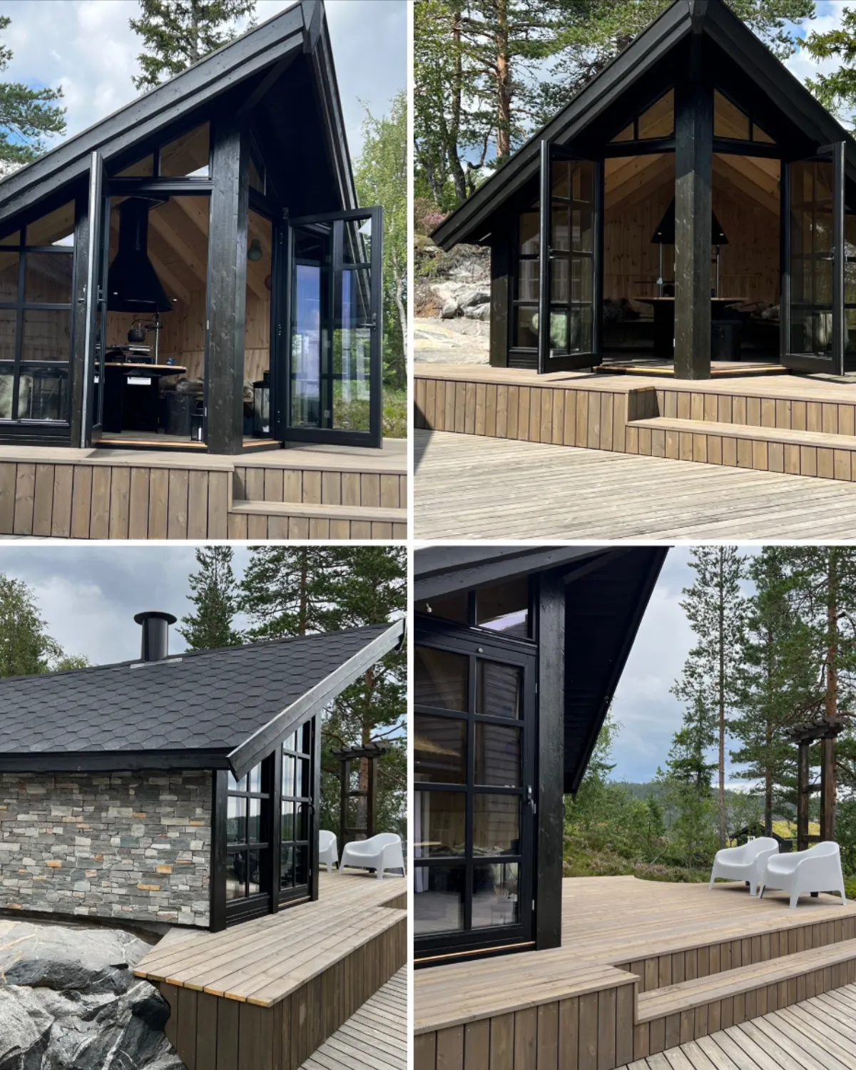 Grillhytte med store vinduer og terrasse i kveldslys
